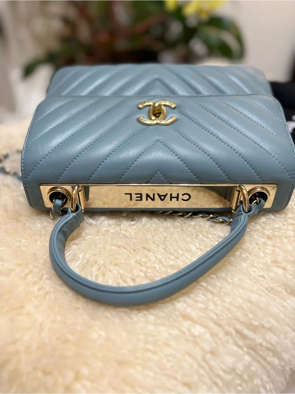 CHANEL Medium Trendy Chain CC Flap Bag Light Blue Chevron Quilted Gold Hardware